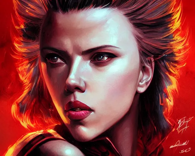 Image similar to portrait of scarlett johansson as street fighter character, detailed face, dark fantasy art, fantasy, pretty, hd shot, digital portrait, beautiful, artstation, comic style, by artgerm, guy denning, jakub rozalski, magali villeneuve, neoartcore and charlie bowater