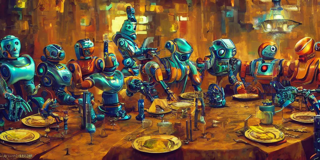 Prompt: robots sitting at a table in the style of the last supper, sci - fi, detailed, beautiful composition, masterpiece, artstation, vibrant colors, psychedelic, beautiful, sharp focus