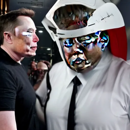 Prompt: Elon Musk fight Donald Trump, width angle, high detail photo.