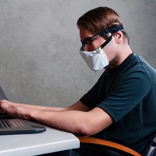 Prompt: picture of man wearing guy faux mask hacking a computer