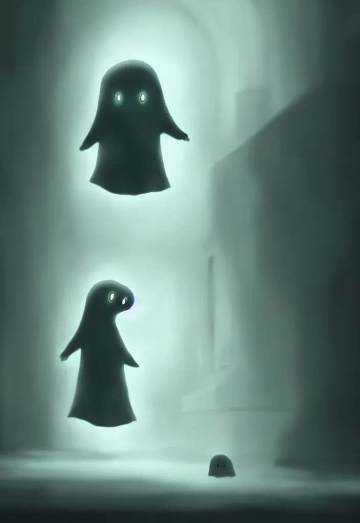 Image similar to depiction of the feeling of hopelessness, worthlessness, loneliness, of a friendly ( cute cartoon ) ghost. ambient occlusion, ray tracing render, 3 5 mm, italian horror film concept art, extremely atmospheric painting.