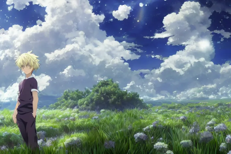 Image similar to a vast scene, panorama distant view, anime art full body portrait character concept art, hyper detailed scene render of a boy and white lion, anime key visual of violet evergarden, finely detailed perfect face delicate features directed gaze, in the white clouds fairyland, trending on pixiv fanbox, violet evergarden, studio ghibli, james jean, extremely high quality artwork