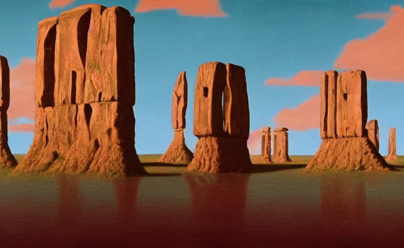 Prompt: hyperrealist painting of 1 0 flying cubes from close encounters of the third kind ( 1 9 7 7 ) in a flooded monument valley stonehenge jungle. 1 9 7 0 s science fiction, moody, misty, depth perception, 4 k, artstation, in the style of studio ghibli