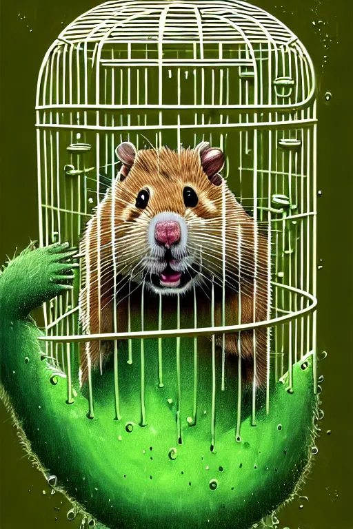 Prompt: a detailed illustration of a giant hamster in a cage, in a classroom, green slime dripping from the cage, intricate, horror, highly detailed, digital painting, trending on artstation, smooth, sharp focus, illustration, art by greg rutkowski, loish, rhads, makoto shinkai and lois van baarle, ilya kuvshinov, rossdraws