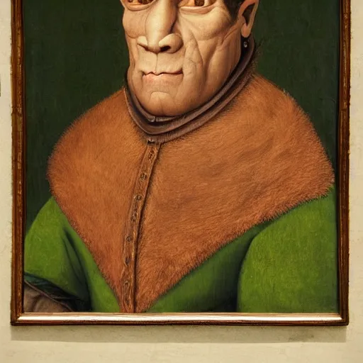 Image similar to detailed renaissance portrait painting of gentleman orc with green skin wearing brown expensive costume