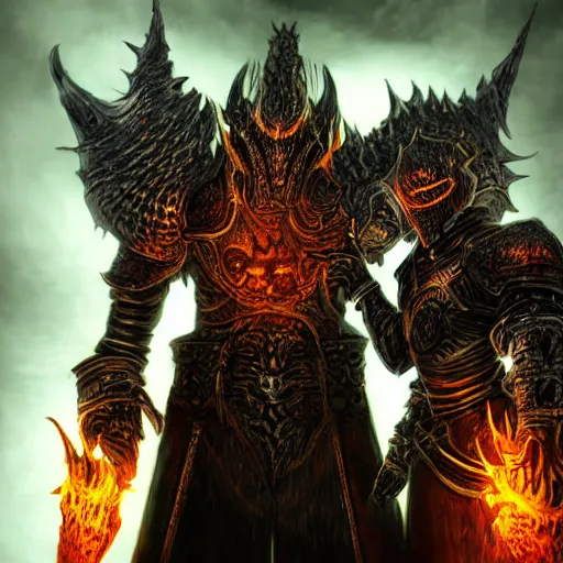 Image similar to double portrait the great death knight dark souls in golden red armor made of polished dragon bones looks relaxed, quantum physics, victorian era