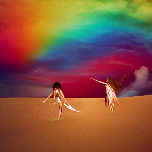 Image similar to filmstill photography of two female body suihouettes covered with curly white translucent blanket blowing in wind with rainbow pattern, acrylic liquid colors, luxurious supermodel photoshooting, golden jewelry, bokeh, godrays, strong wind, wrinkles, sunrays, sunset, lens flares, cold colors, sand dunes