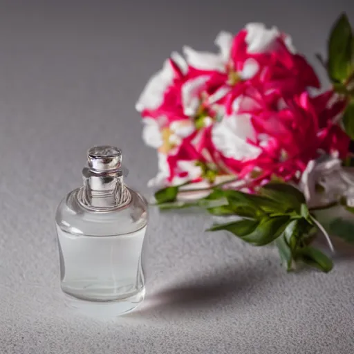 Image similar to perfume bottle sitting on a white surface surrounded by a plethora of red and white and peach flowers, bright white realistic, up close shot, white background, zen, light, modern minimalist f 2 0 blurry background