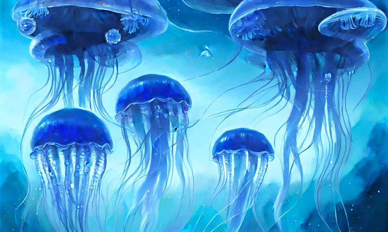 Image similar to detailed jellyfish in space, blue tones, underwater, full frame, highly detailed, digital painting, artstation, concept art, smooth, sharp focus, illustration, art greg rutkowski and alphonse mucha