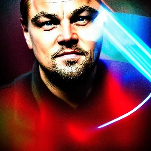 Image similar to “Leonardo DiCaprio, beautiful, Magic FX, red blue colors, lights, bokeh, highly detailed portrait, photorealistic, ultra detailed”