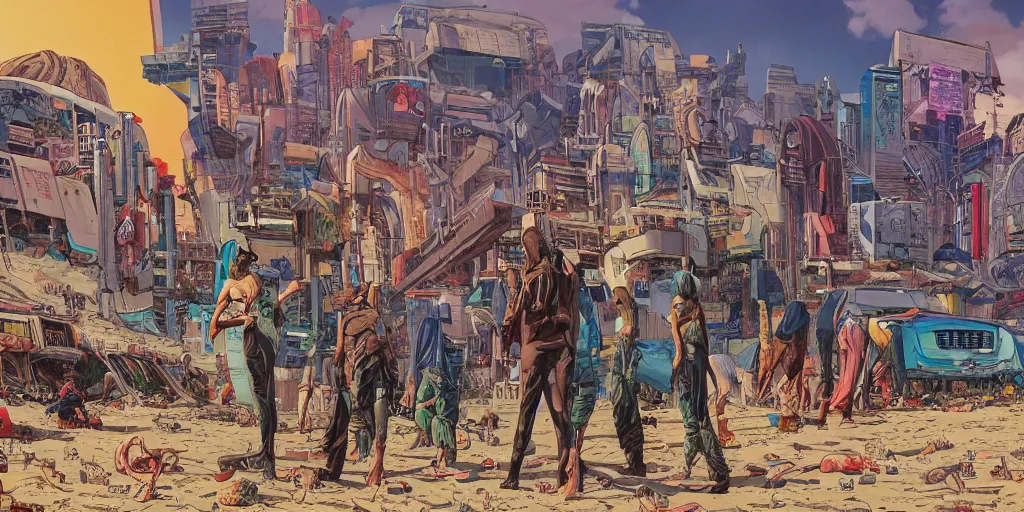 Prompt: full page comic book drawings of cyberpunk apocalyptic beach scenes, bold color palette, high contrast, by carel willink and jean giraud, comic book panels, octane render, simon bisley