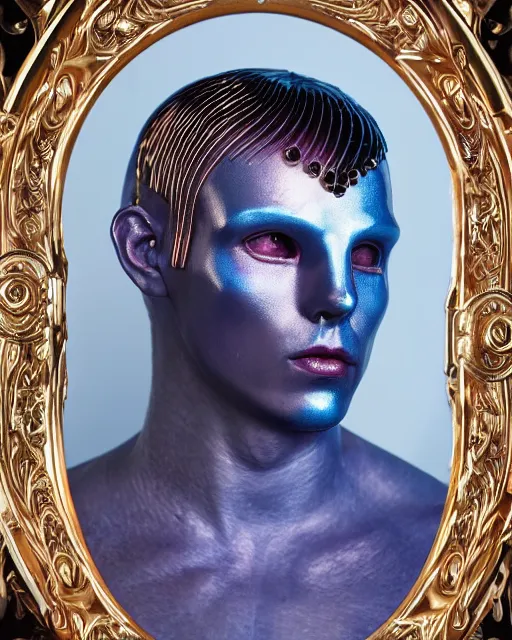 Prompt: natural light, soft focus portrait of a male android with soft synthetic pink skin, blue bioluminescent plastics, smooth shiny metal, elaborate ornate head piece, piercings, venetian mask, skin textures, by annie liebovotz,