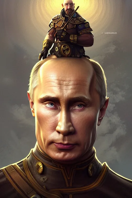 Image similar to Putin as minion, fantasy, portrait, highly detailed, digital painting, artstation, concept art, smooth, sharp focus, illustration, cinematic lighting, art by artgerm and greg rutkowski and alphonse mucha