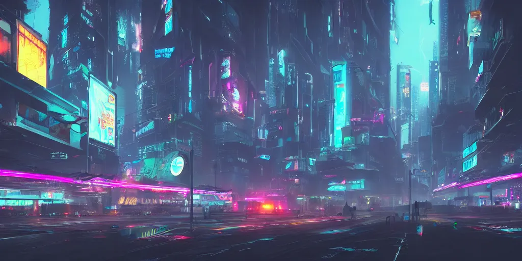 Image similar to i, a cyberpunk city, mist, rain, neon light, giant aircrafts, high definition, trending on artstation