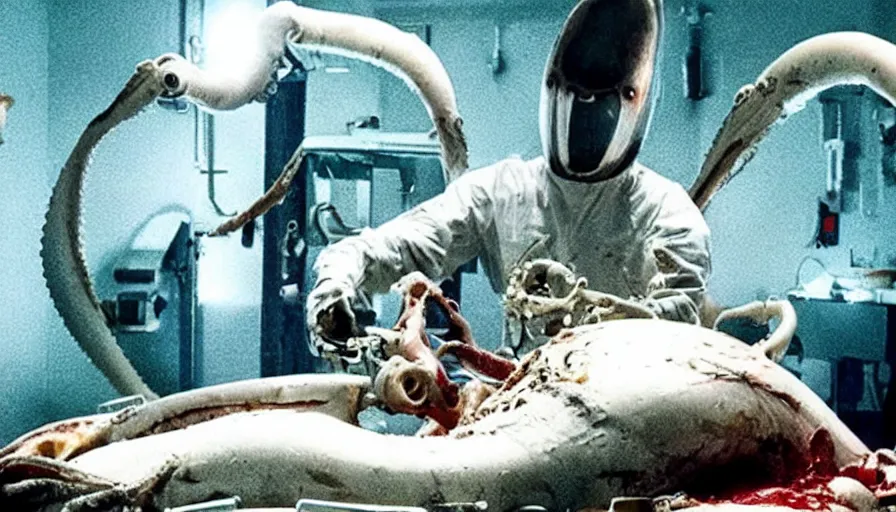 Prompt: Big budget horror movie about a cyborg doing an autopsy on a giant squid's heart