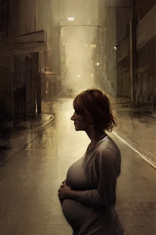 Prompt: pregnant woman under street light, highly detailed, sharp focused, ultra realistic digital concept art by Stanley Artgerm, Alyssa Monks, Ruan Jia