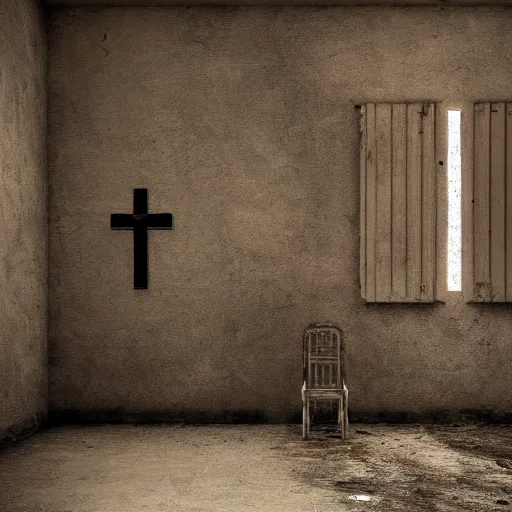 Prompt: interior of a prison cell with an old crucifix of jesus christ on the center of a dirty wall, eerie atmosphere, hyperrealism, realistic