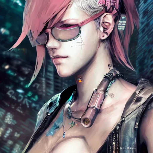 Image similar to highly detailed portrait of a post-cyberpunk punk young lady by Akihiko Yoshida, Greg Tocchini, 4k resolution, league of legends inspired, arcane, nier:automata, pastel pink, light blue, brown, white and black color scheme with graffiti