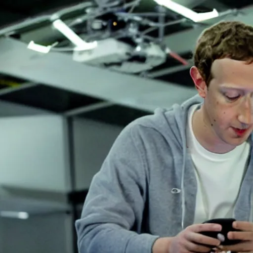 Prompt: mark Zuckerberg piloting an advanced drone from a sci-fi control deck. Glowing lights.