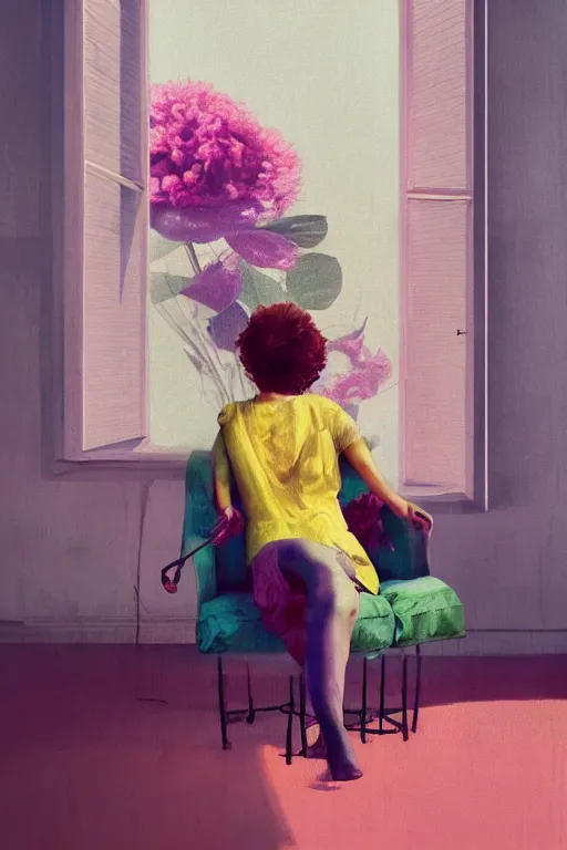 Prompt: closeup, a huge flower head, woman sitting on lounge chair by a modern window, surreal photography, studio light, impressionist painting, digital painting, artstation, simon stalenhag