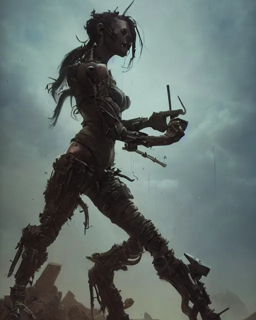 Prompt: hyper realistic photo of postapocalyptic nomad demon cyborg girl, full body, cinematic, artstation, cgsociety, greg rutkowski, james gurney, mignola, craig mullins, brom