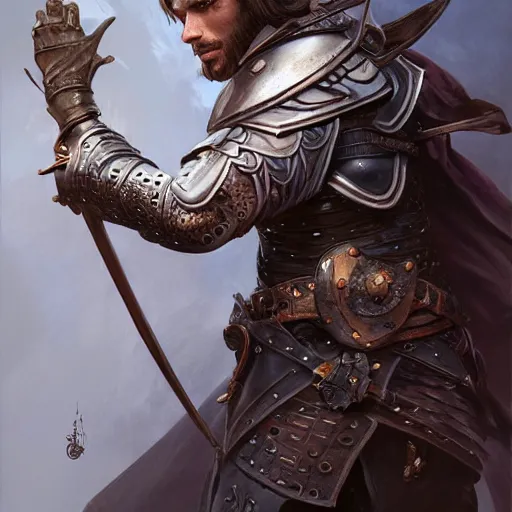 Prompt: male dog warrior , leather armor, wand, D&D, insane, intricate, highly detailed, digital painting, artstation, concept art, smooth, sharp focus, illustration, Unreal Engine 5, 8K, art by artgerm and greg rutkowski and alphonse mucha