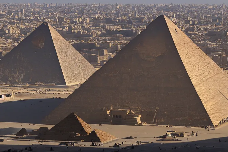 Prompt: The Louvre Pyramid, built in the Egyptian desert, designed by I.M. Pei, with the Pyramid of Khufu and the Great Sphinx of Giza in the background.