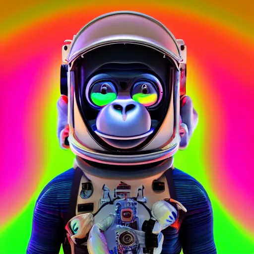 Prompt: a cute smiling ape head with an astronaut helmet steampunk with multicolored glowing tubes and cables, crisp, trippy fluorescent colors, insanely detailed, 3 d render, front shot, 3 5 mm