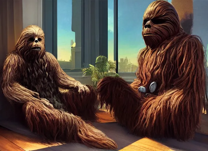 Image similar to wookiee comfy at home trading crypto. the charts are at all time highs, painting by frank frazetta, 3 d rendering by beeple