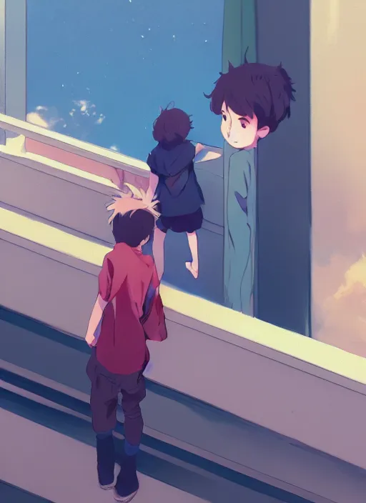 Image similar to boy shouting at the girl above on the balcony, illustration concept art anime key visual trending pixiv fanbox by wlop and greg rutkowski and makoto shinkai and studio ghibli