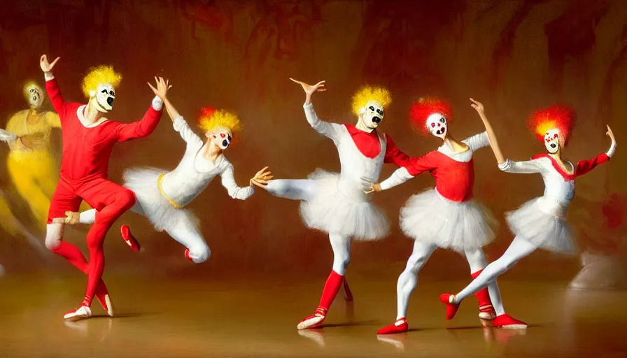 Image similar to highly detailed painting of a group of ronald mcdonalds with red afros, white facepaint, red noses and yellow tracksuits dancing at the ballet by william turner, by greg rutkowski, by william constable, thick brush strokes and visible paint layers, 4 k resolution