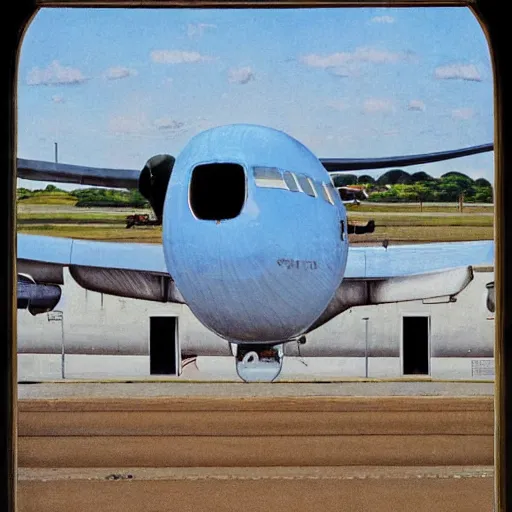 Image similar to View through the window of at an African airport of a Lockheed L-188 Electra parked on the runway norman rockwell artwork