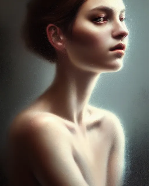 Image similar to half body portrait of beautiful woman, hyperrealism, beauty, intricate detail, photo by greg rutkowski, elegance, soft lighting, sharp focus