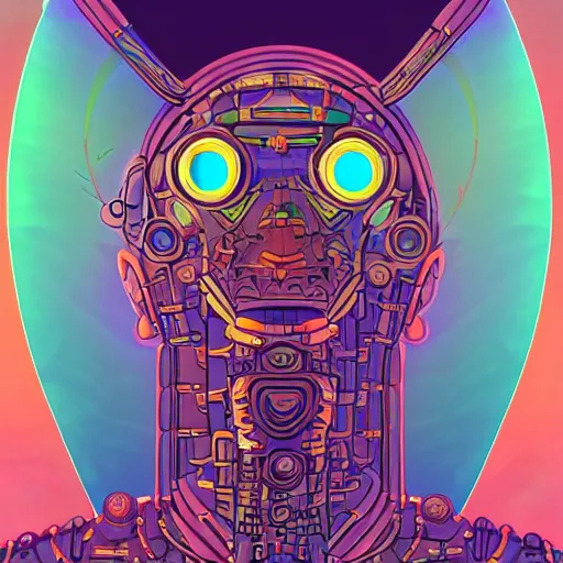 Image similar to portrait of a future metaverse cyborg tech shaman warrior, 2D cartoon, flat cartoony, visionary art, symmetric, Magick symbols, holy halo, shipibo patterns, sci-fi, adventure time character style