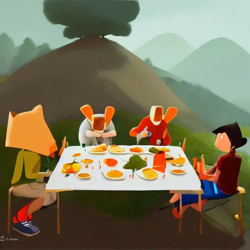 Image similar to goro fujita ilustration hikers eating around a table full of food, painting by goro fujita, sharp focus, highly detailed, artstation