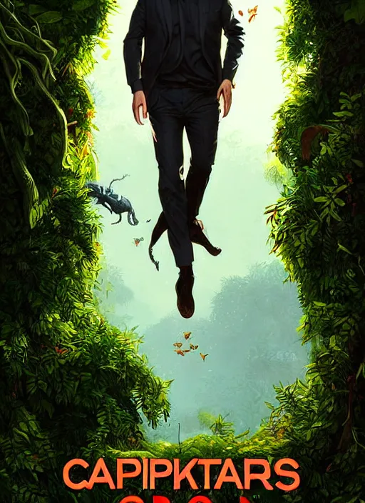 Image similar to highly detailed comedy caper movie poster with silly wacky zany keanu reeves hiding in leaves, keanu reeves face inside a leafy bush by greg rutkowski