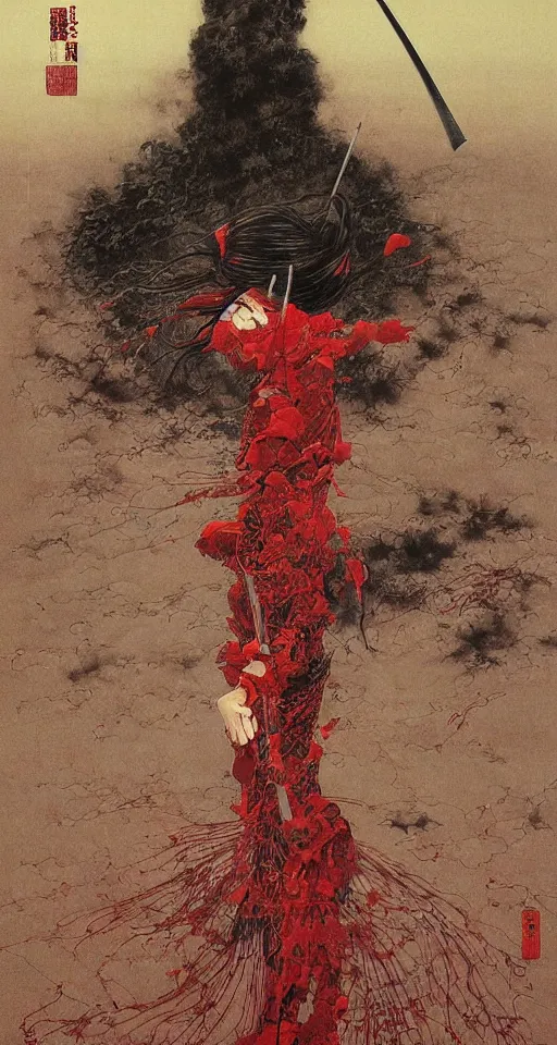 Image similar to Japanese schoolgirl runs away from Samurai with a katana on the subway, high detailed Beksinski painting, part by Adrian Ghenie and Gerhard Richter. art by Takato Yamamoto. masterpiece, deep colours, red