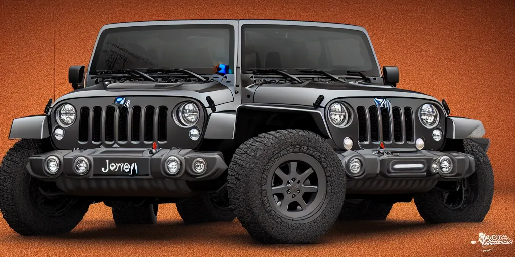 Image similar to Jeep Wrangler, 3D Render, Hyper Detailed, Black Background, Symmetrical