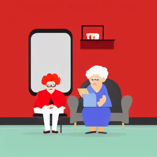 Image similar to a flat design illustration of a grandma with a dog. the grandma using a smart phone. the illustration using only solid colors, the colors are red, gray and white.