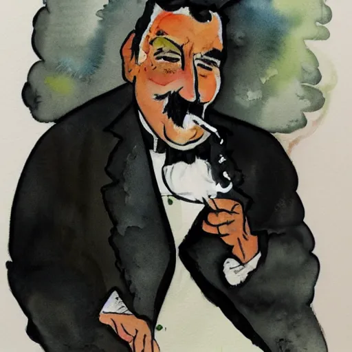Image similar to portrait of very old gray - haired mexican magician smoking, lots of smoke. watercolor with pancil by hugo pratt.