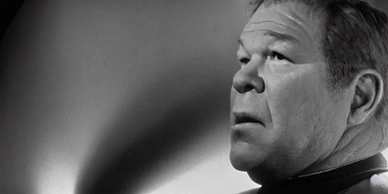 Prompt: photorealistic close up shot cinematography of william shatner aka james t kirk acting in a twilight zone episode shot on film at magic hour with the sun shining into a large 6 0's hotel lobby room filled with volumetric haze by the shining cinematographer john alcott on a cooke panchro 6 5 mm macro lens.