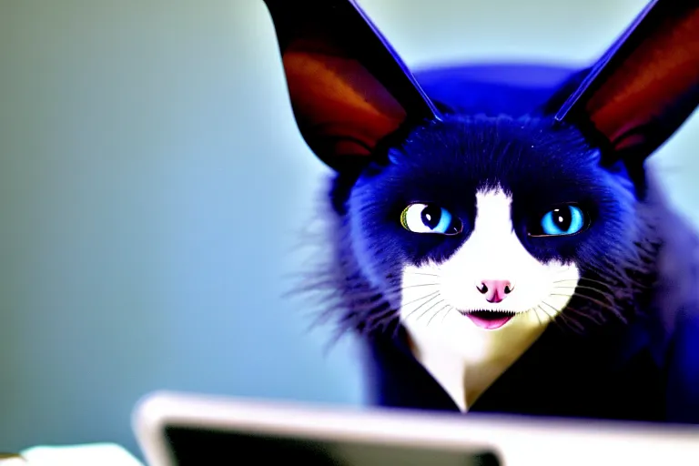 Prompt: a blue - and - black male catbat fursona with blue / green heterochromatic eyes ( differently - colored eyes ) and huge bat ears, photo of the catbat streaming on his computer