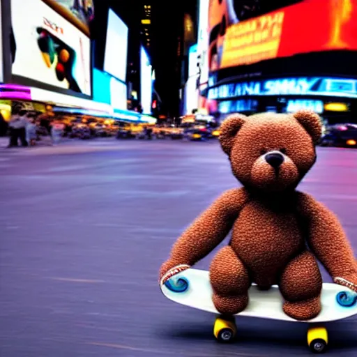 Prompt: a teddy bear riding a skateboard in times square at night