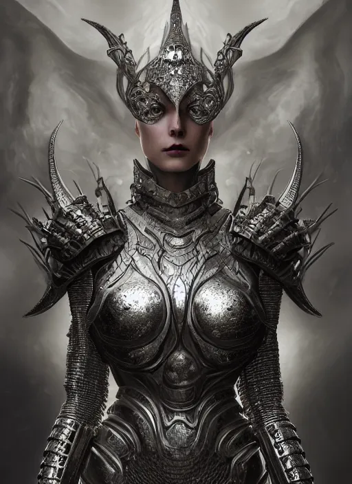 Image similar to hyperrealistic mixed media portrait of a beautiful armored warrior woman, stunning 3d render inspired art by Gerald Brom + perfect facial symmetry + dim volumetric lighting, ornate silver gothic armor, 8k octane beautifully detailed render, post-processing, extremely hyperdetailed, intricate, epic composition, grim yet sparkling atmosphere, cinematic lighting + masterpiece, trending on artstation, Art Nouveau