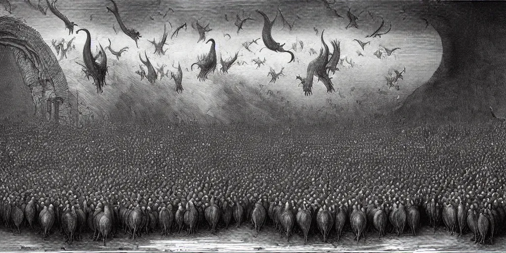 Image similar to gargantuan flock of geese guarding the gates of hell, art by gustave dore, hieronimus bosch