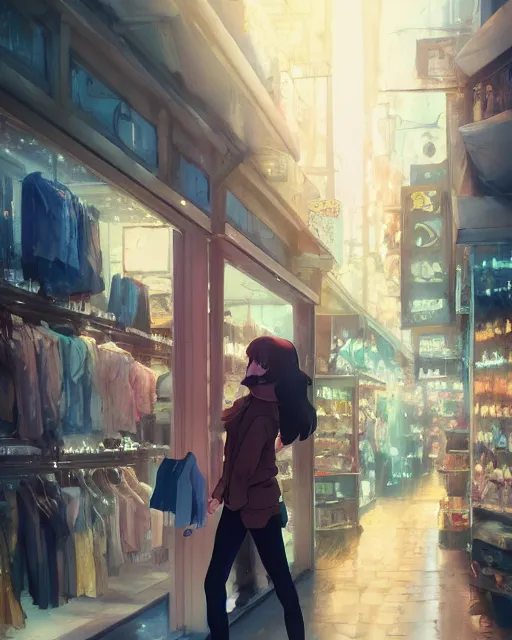 Image similar to a girl shopping for clothes, full shot, atmospheric lighting, detailed face, by makoto shinkai, stanley artger m lau, wlop, rossdraws, james jean, andrei riabovitchev, marc simonetti, krenz c