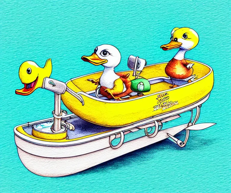 Image similar to cute and funny, duck riding in a tiny boat, ratfink style by ed roth, centered award winning watercolor pen illustration, isometric illustration by chihiro iwasaki, edited by craola, tiny details by artgerm and watercolor girl, symmetrically isometrically centered