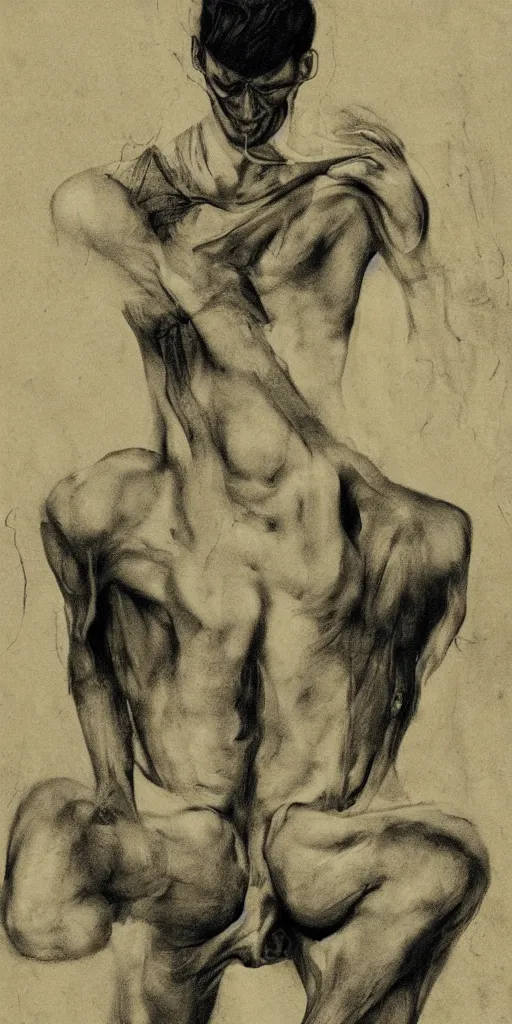 Image similar to a man slipping into madness, human body, detailed, in the style of jesse draxler.