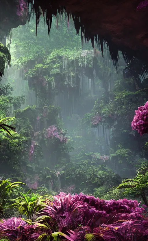 Image similar to a beautiful render of a dark prehistoric rainforest in a humongous cave, lush flora, patches of sky, magenta flowers, sunset, floating mountains and a waterfall in the background, intricate detail, hazy, humid, volumetric lighting, 8 k, photorealistic, raytracing effects, unreal engine 5