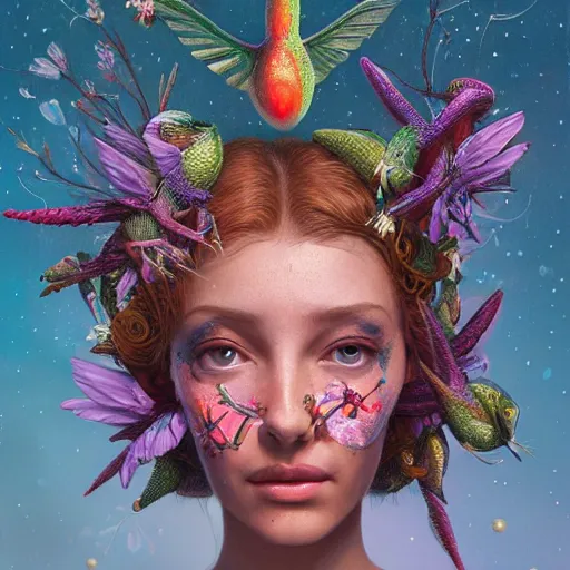 Prompt: head and shoulder portrait of alien, surrounded by hummingbirds and fine floral ornaments, eye - level medium - angle shot, floral background, by esao andrews, by m. w. kaluta, by yoshita amano, by giger, moody evening lighting, smooth, 3 d octane render, depth perception, 4 k, artstation